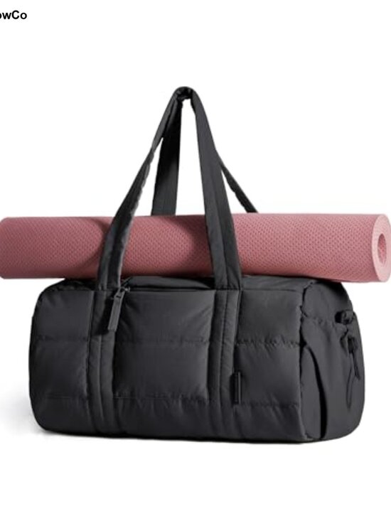 Handbags - Puffy Quilted Nylon Gym Duffle Bag with Yoga Mat Straps 24L